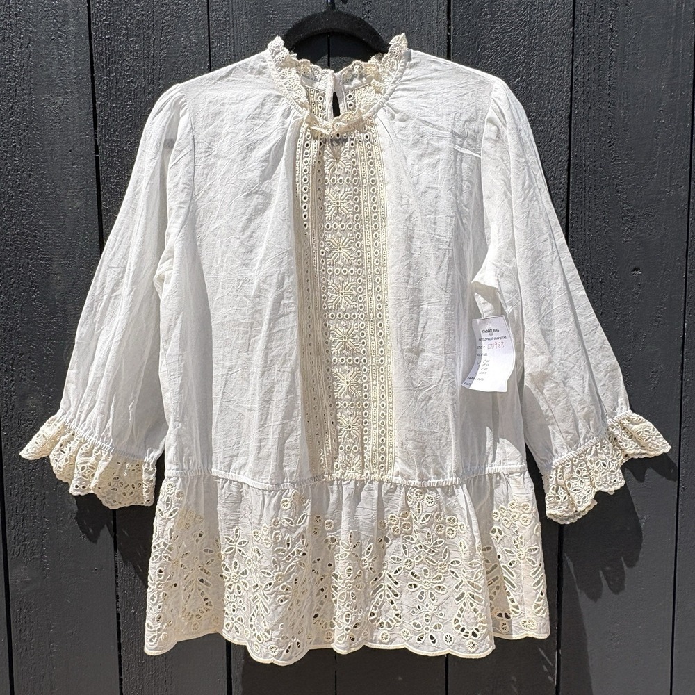 Johnny Was Boho Eyelet Lace Sheer Top M Cottage Prairie Ruffle Embroidered Indie